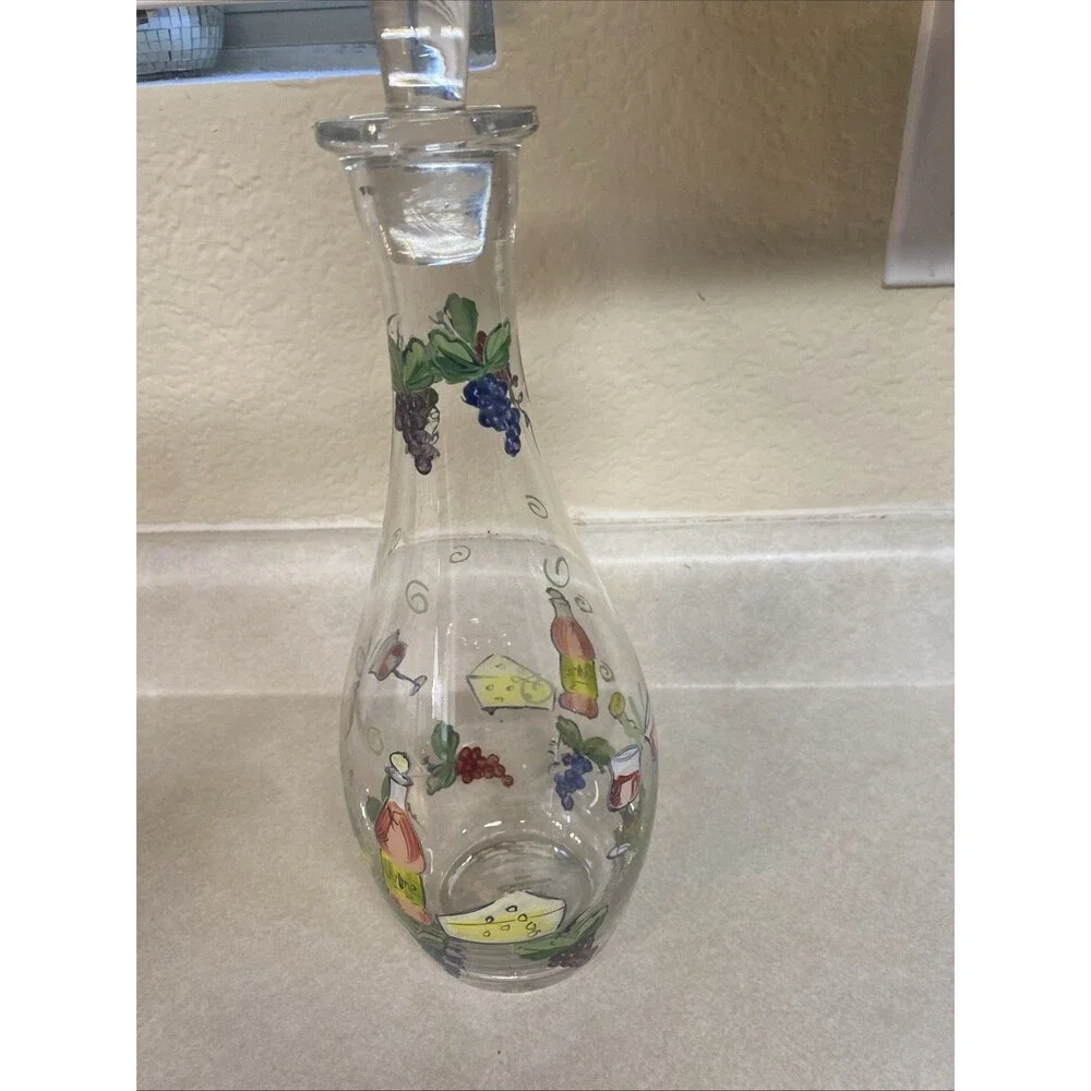 Vintage Hand Painted Wine Decanter Glass Stopper Lid Grapes Wine Cheese